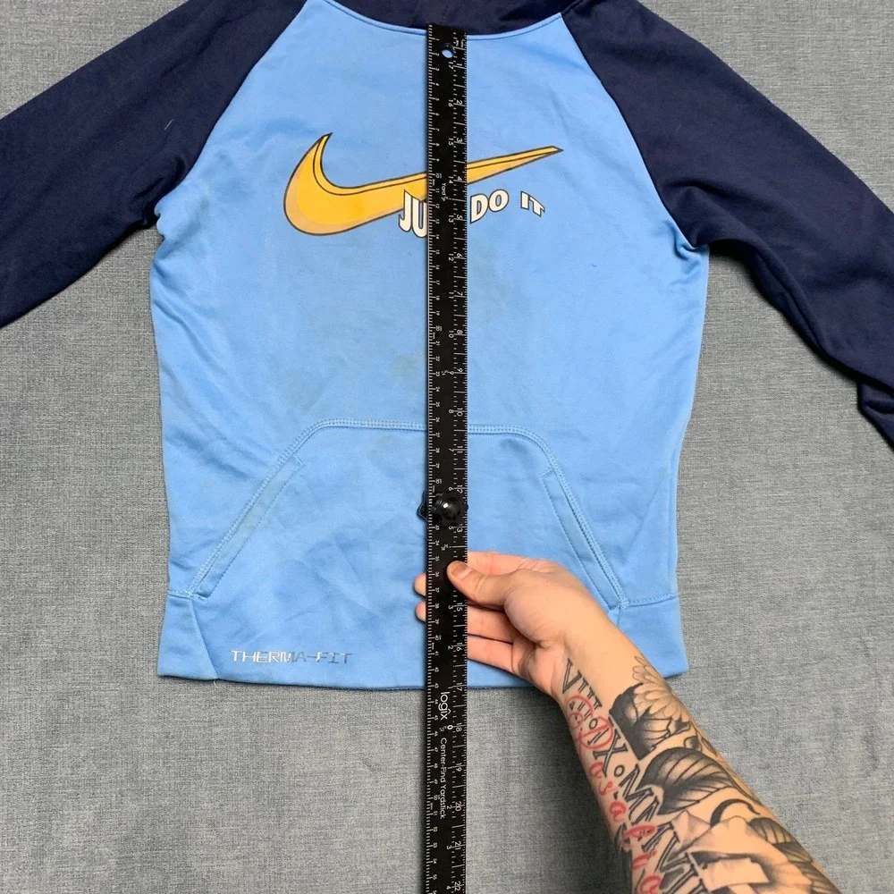 Nike Just Do It Therma Fit Hoodie Boys L Navy Blue Fleece Lined Kangaroo Pockets